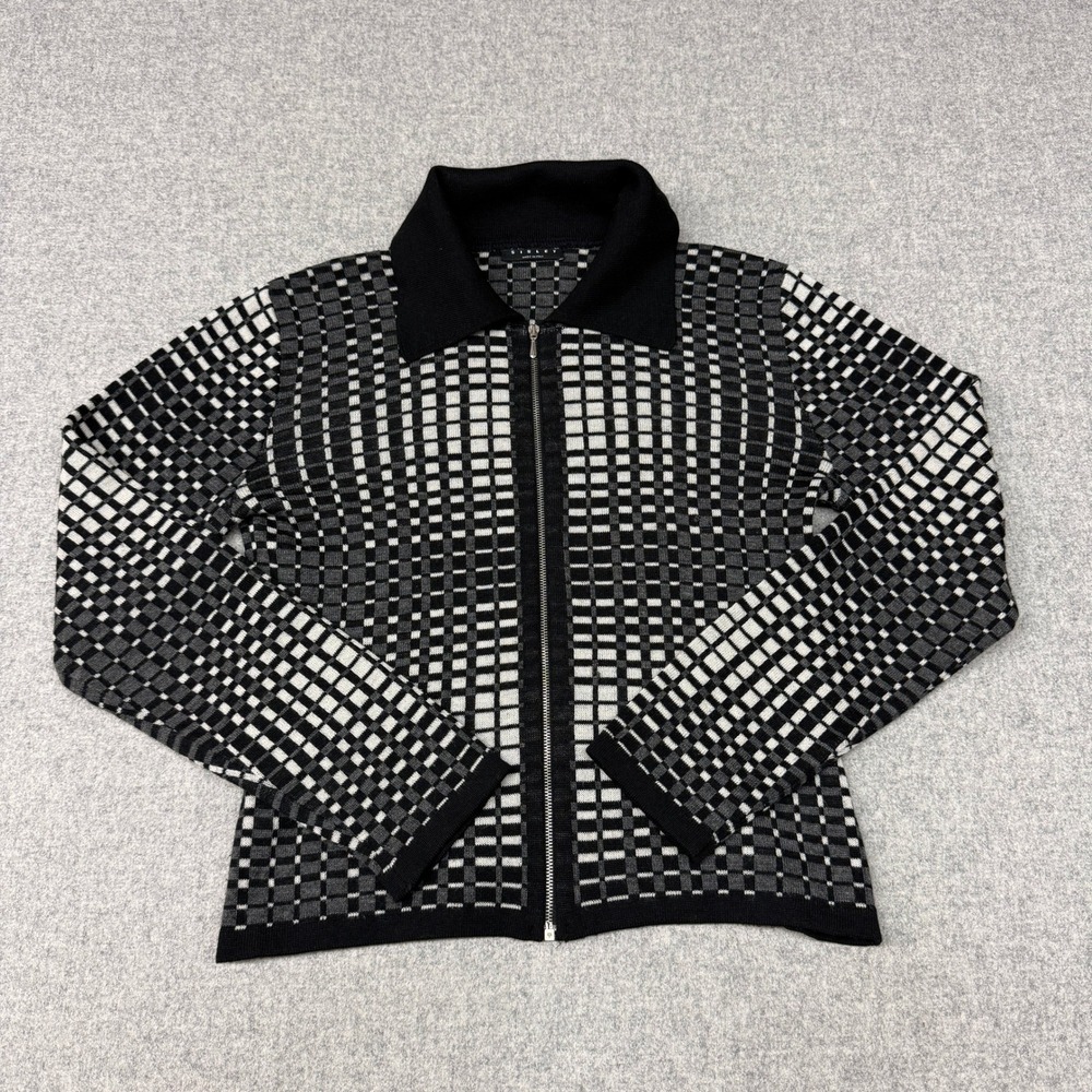 Sisley Full Zip Sweater Size M Black White Grey Geometric Grid Made in Italy